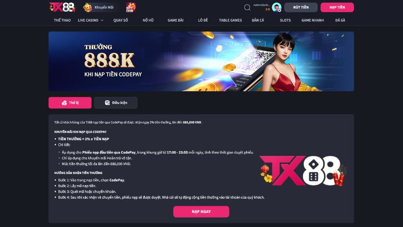 Nội dung khuyến mãi nạp tiền CodePay tại TX88 Nội dung khuyến mãi nạp tiền CodePay tại TX88