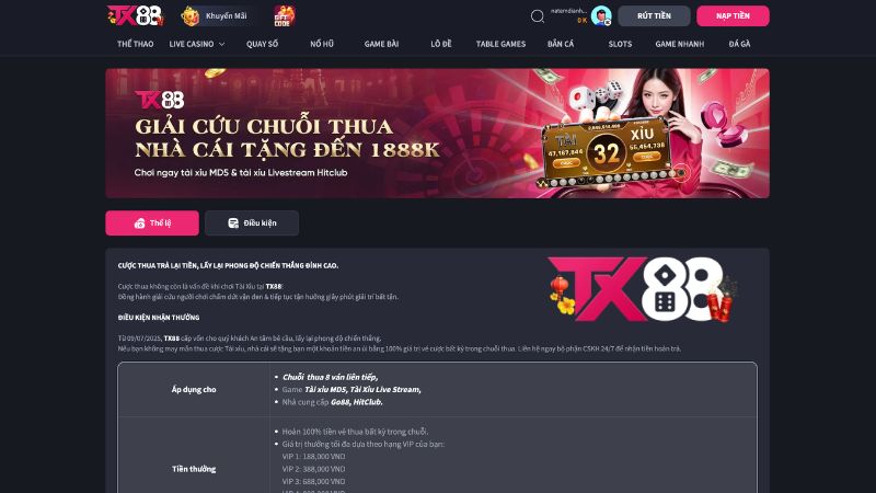 Thông Tin khuyến Mãi Hoàn Tiền Khi Thua Tại TX88